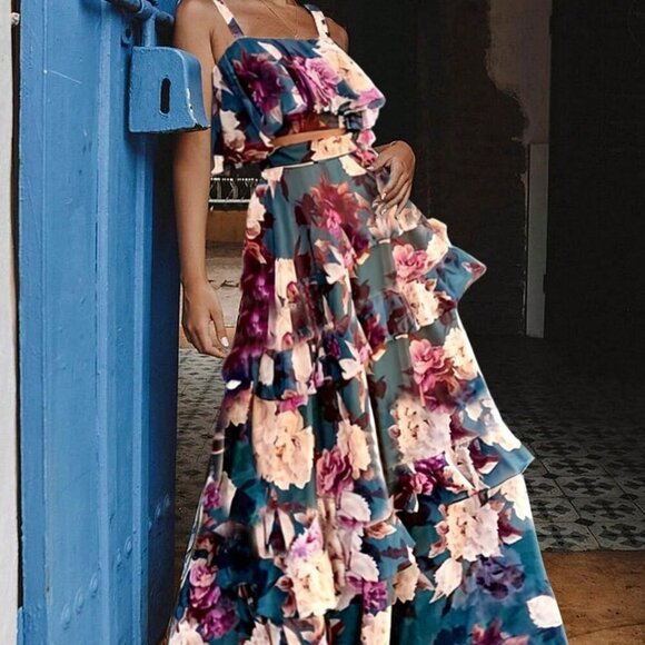 Multicolor Floral Print cropped top & maxi skirt coord set  Spring/Summer - Picture 3 of 9